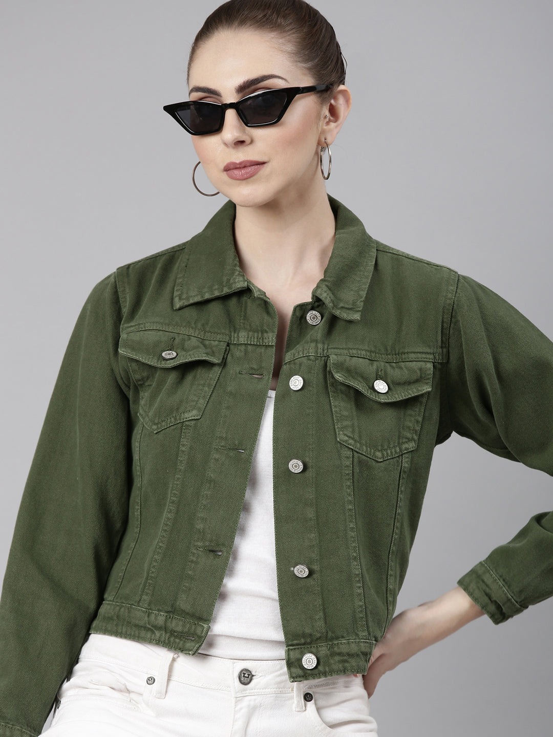 Women Green Solid Denim Jacket