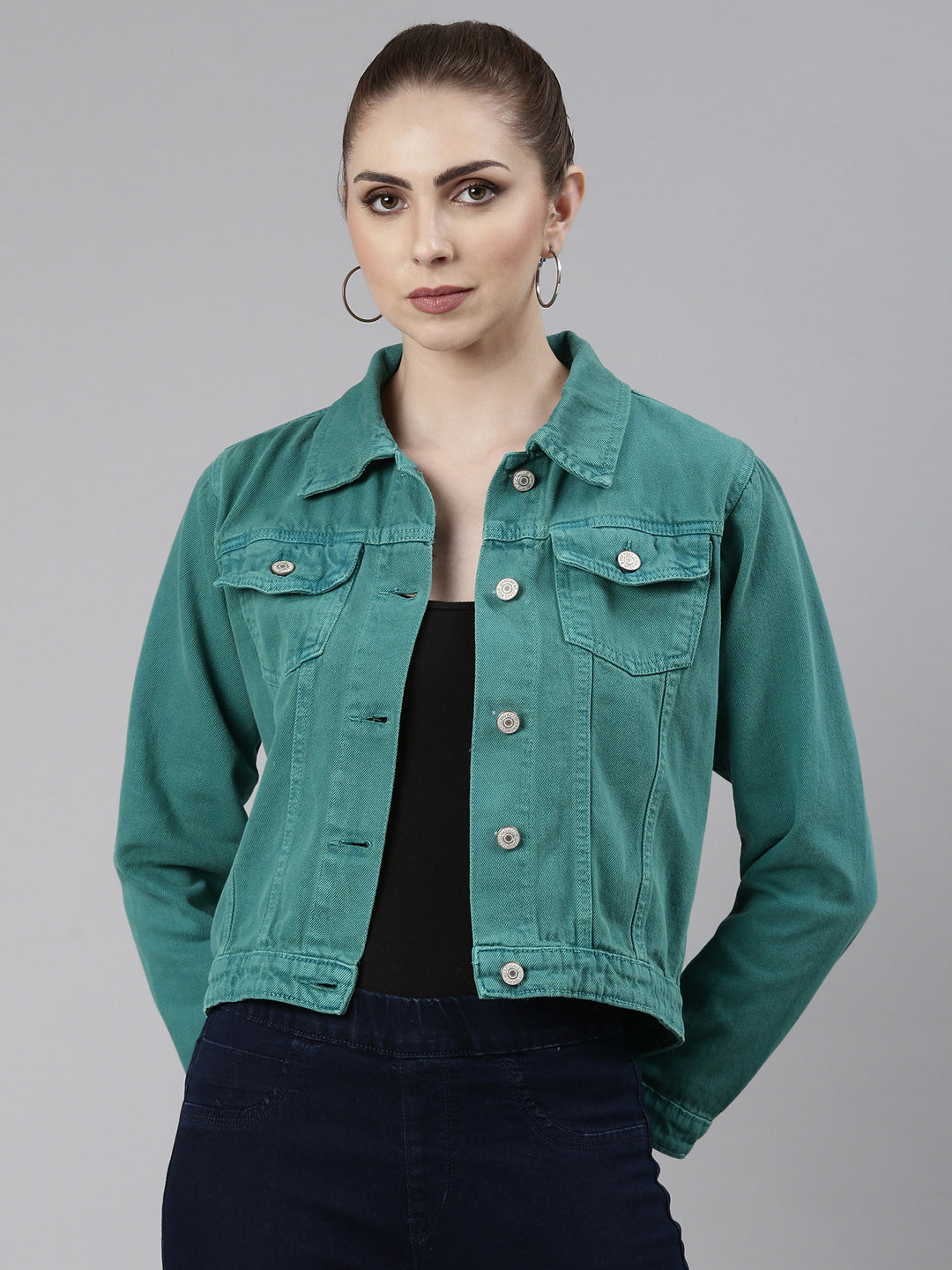 Women Turquoise Blue Solid Denim Jacket