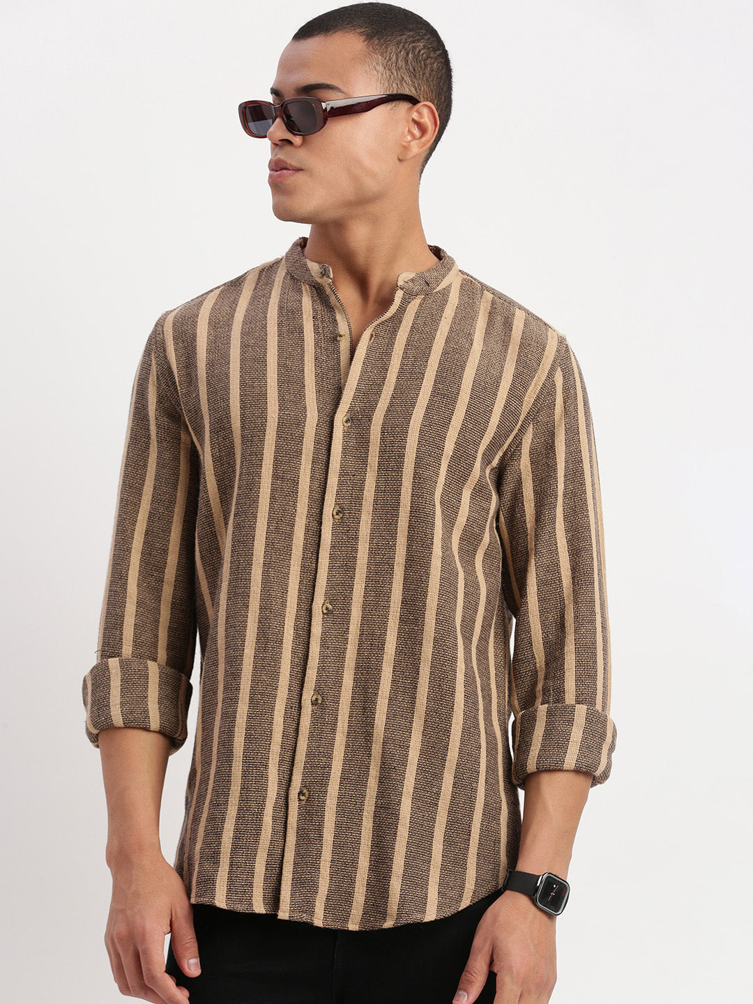 Men Mandarin Collar Vertical Stripes Brown Shirt