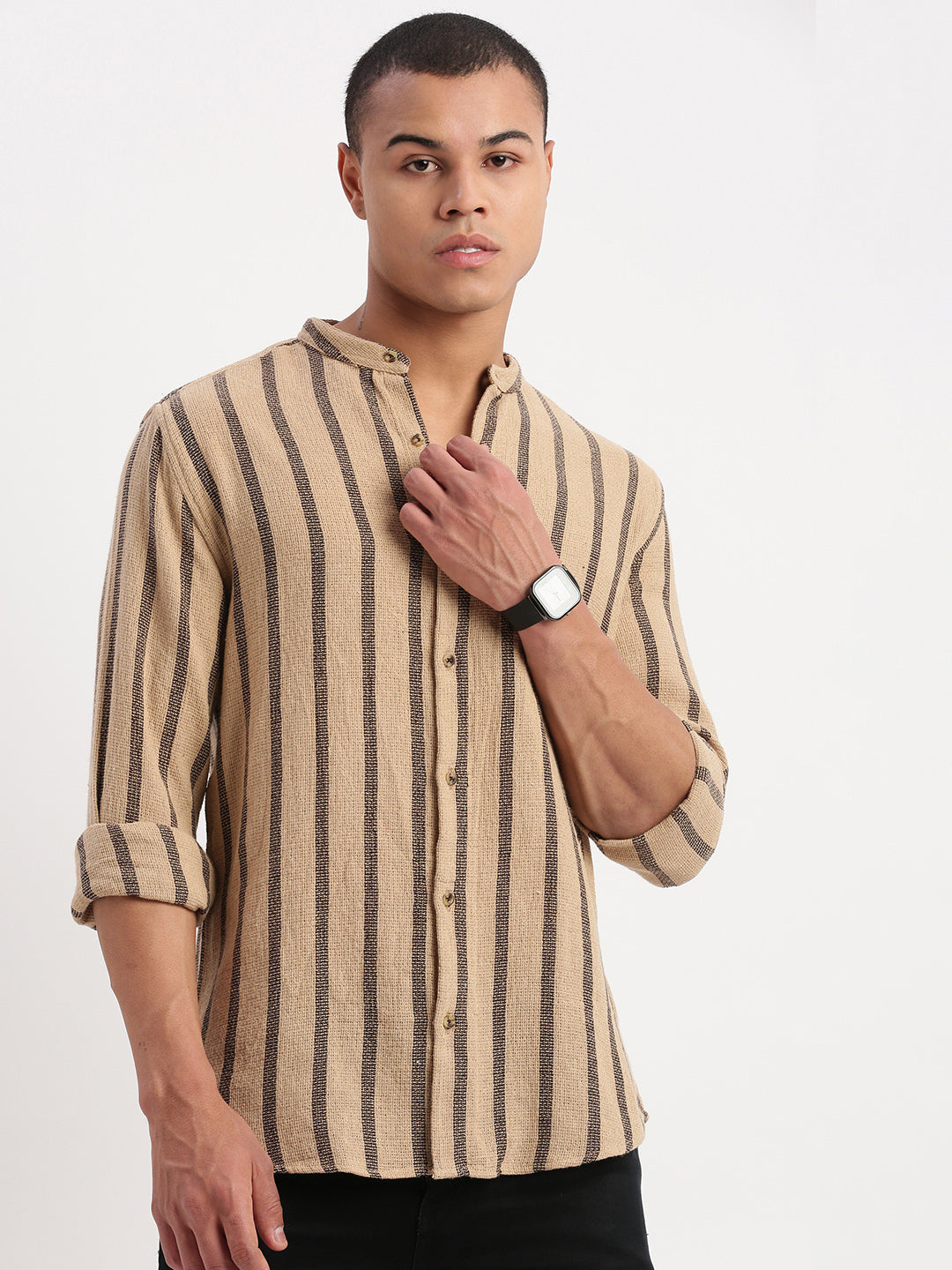 Men Mandarin Collar Vertical Stripes Beige Shirt