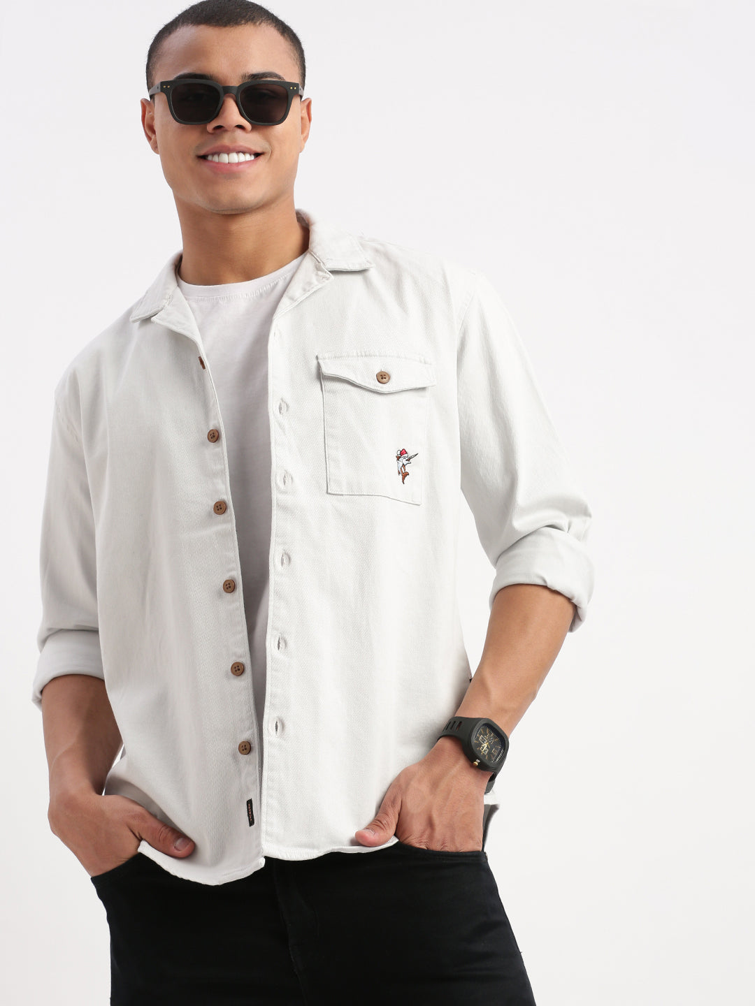 Men Cuban Collar Solid White Oversized Shacket Shirt