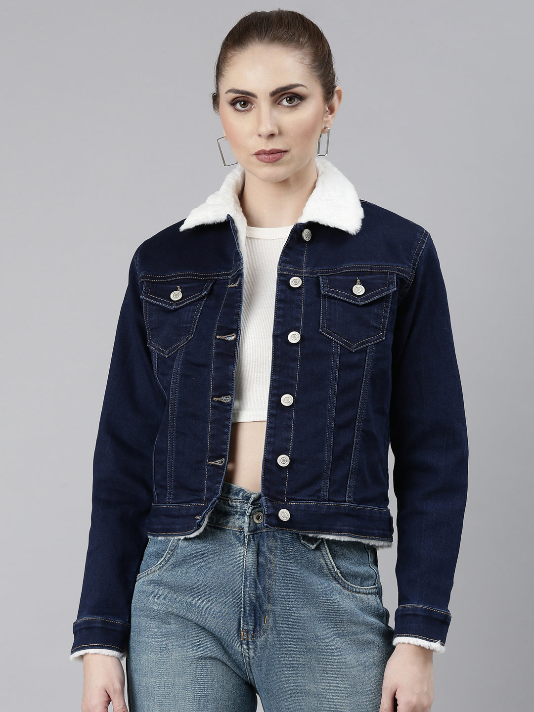 Women Navy Blue Solid Denim Jacket