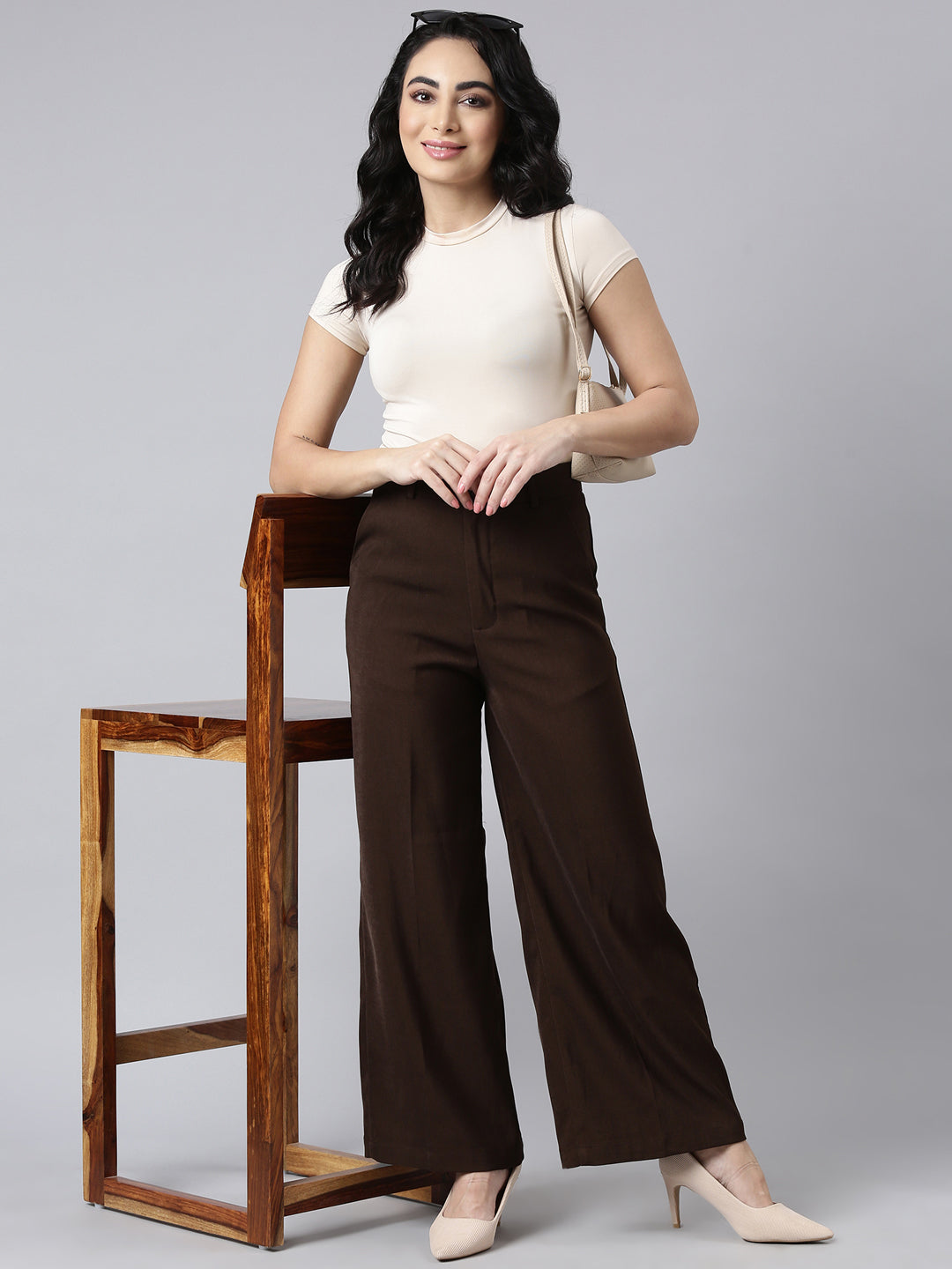 Women Solid Brown Parallel Trousers