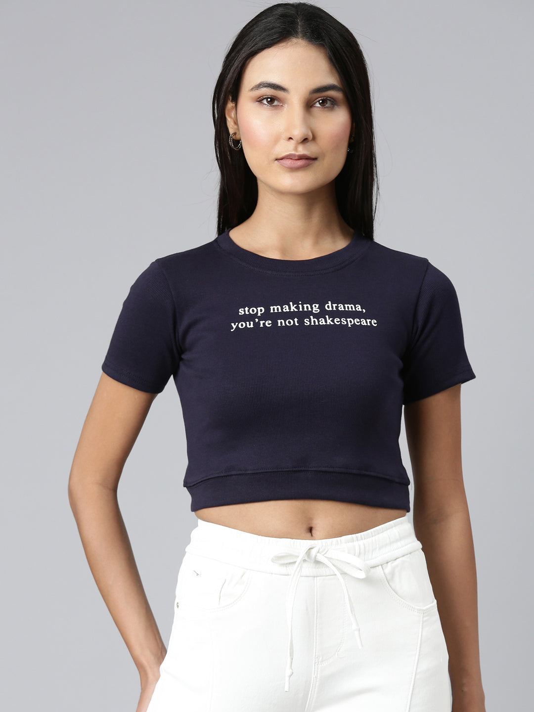 Women Navy Blue Typographic Crop Slim Fit Tshirt