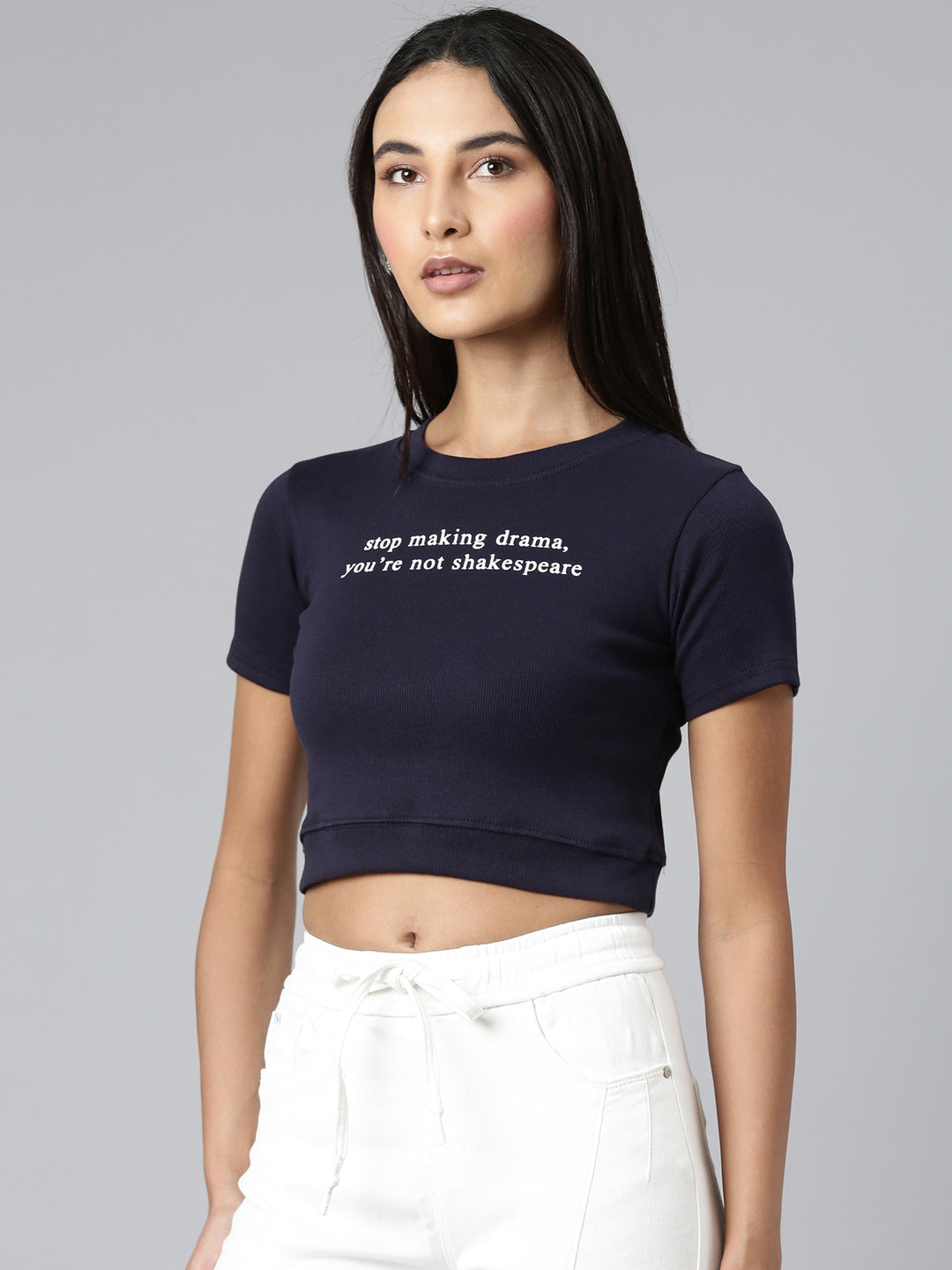Women Navy Blue Typographic Crop Slim Fit Tshirt