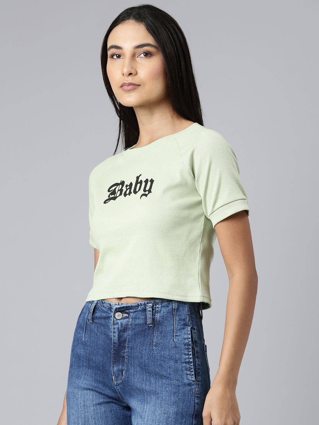 Women Green Typographic Crop Boxy Tshirt