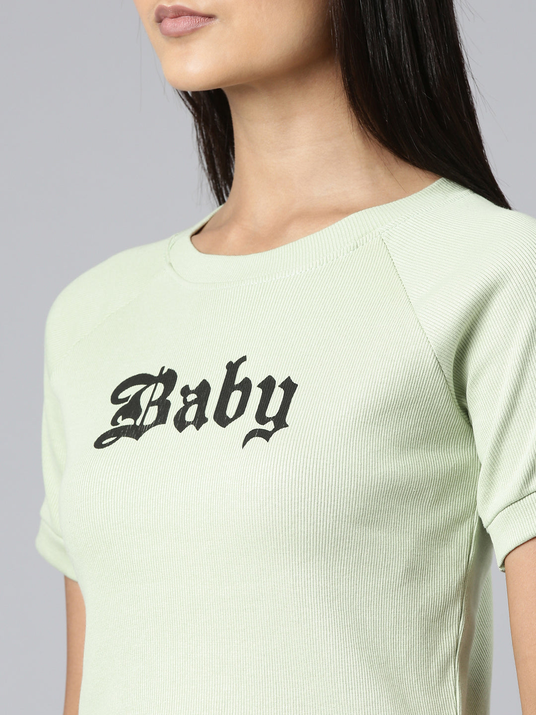 Women Green Typographic Crop Boxy Tshirt