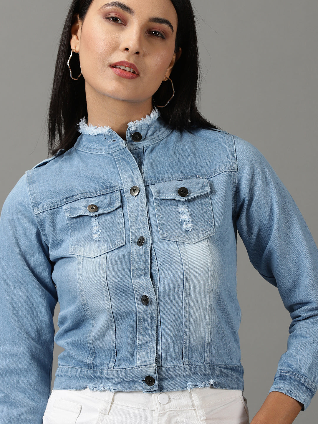 Women's Blue Solid Denim Jacket