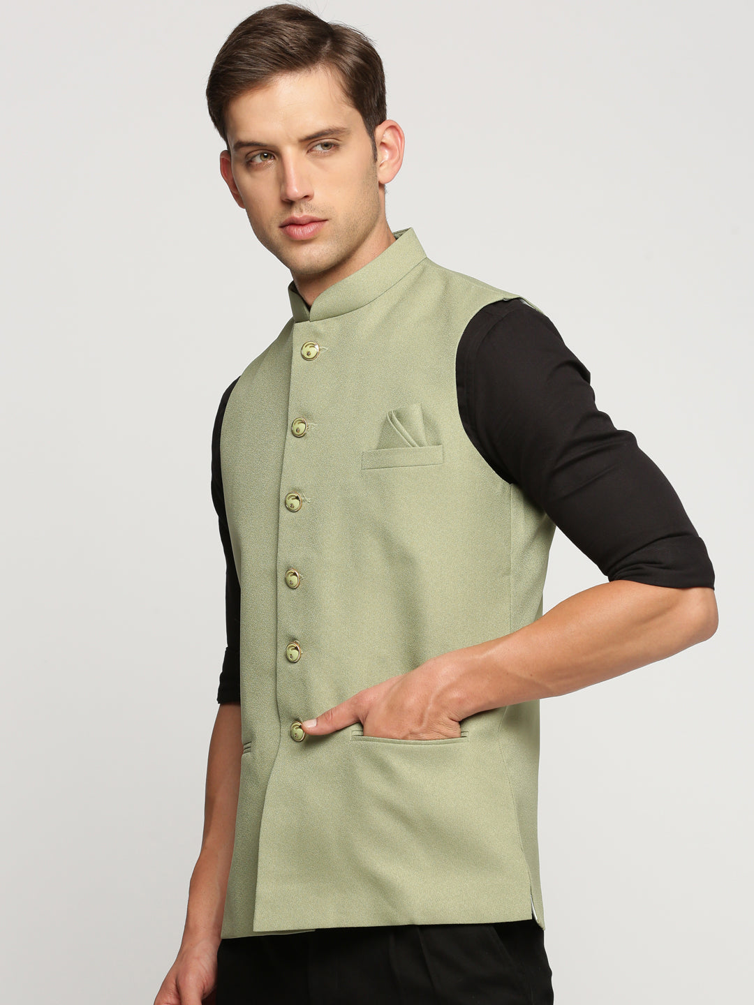 Men Olive Mandarin Collar Solid Nehru Jacket
