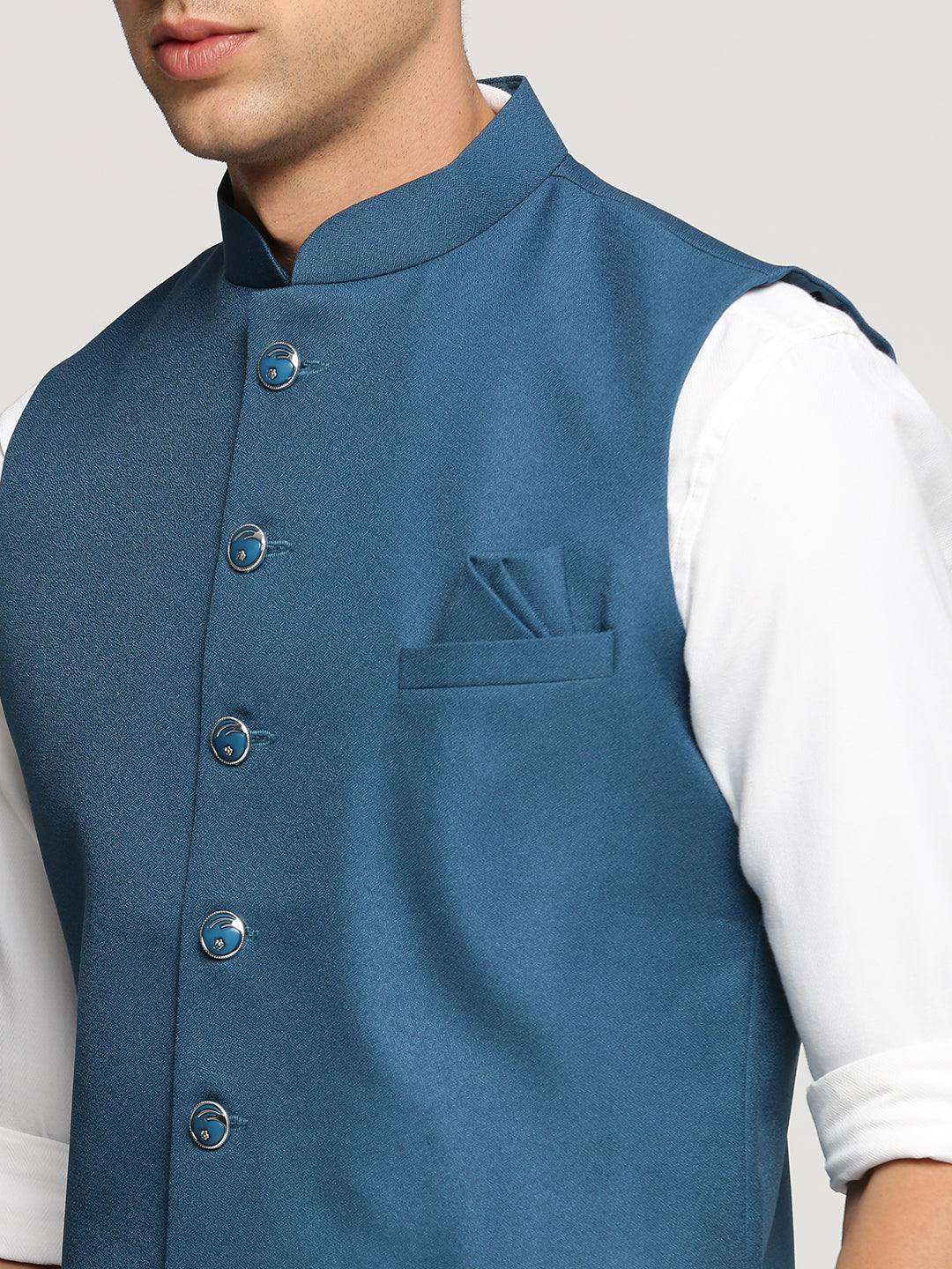 Men Teal Mandarin Collar Solid Nehru Jacket