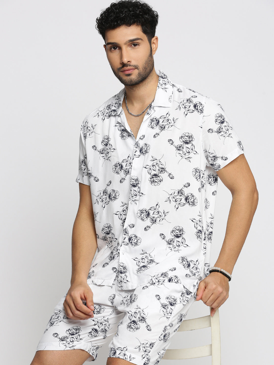 Men White Cuban Collar Printed Over Sized Co-ords Set