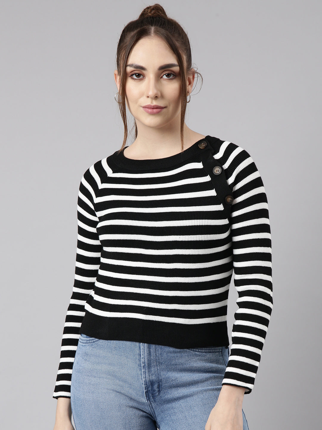 Women Black Horizontal Stripes Fitted Top