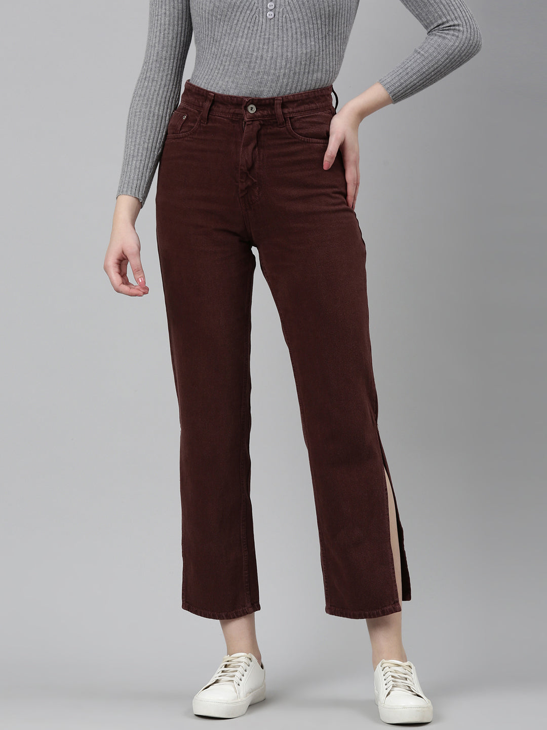 Women Burgundy Solid Regular Fit Denim Jeans