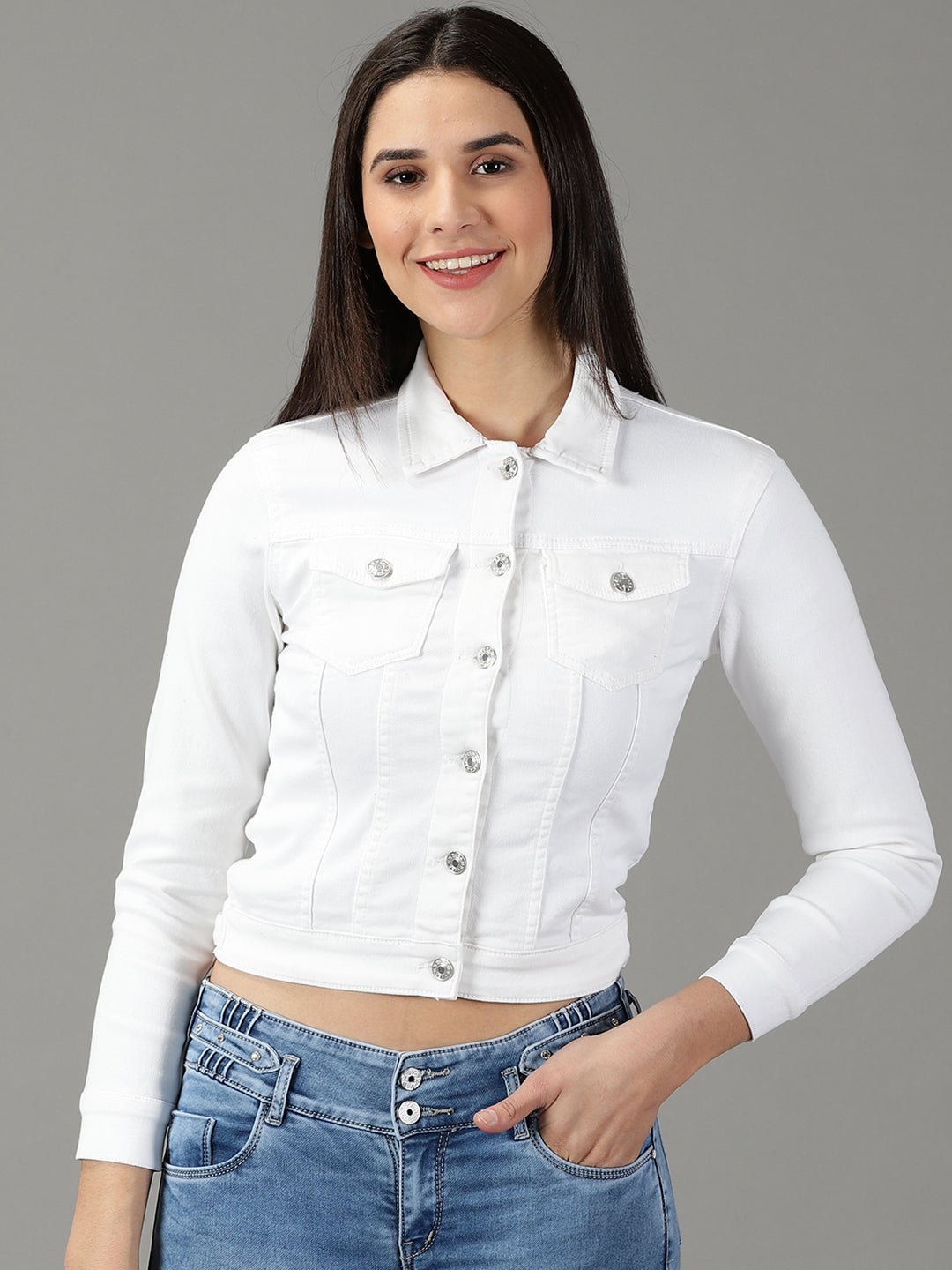Women's White Solid Open Front Jacket