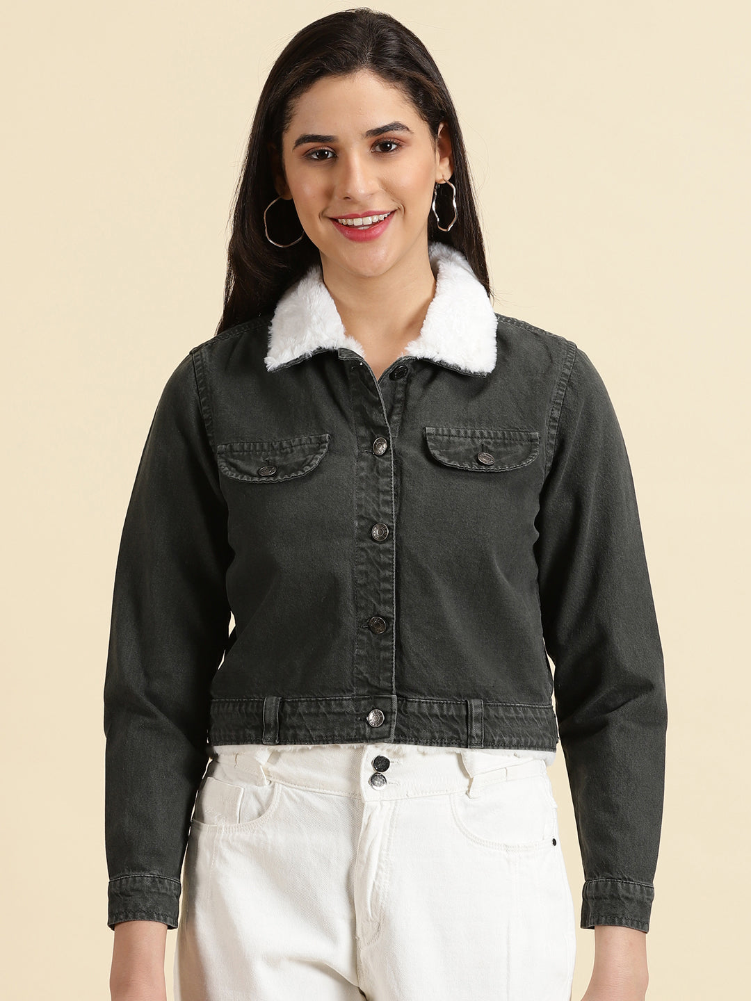 Women's Grey Solid Denim Jacket