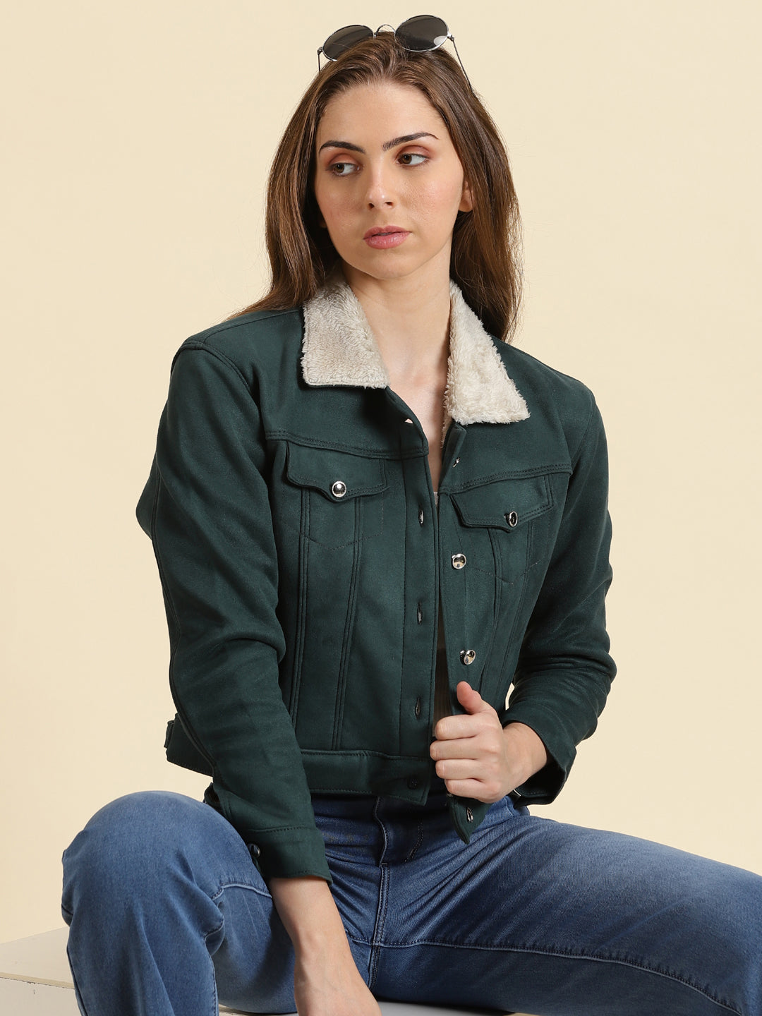 Women's Green Solid Open Front Jacket
