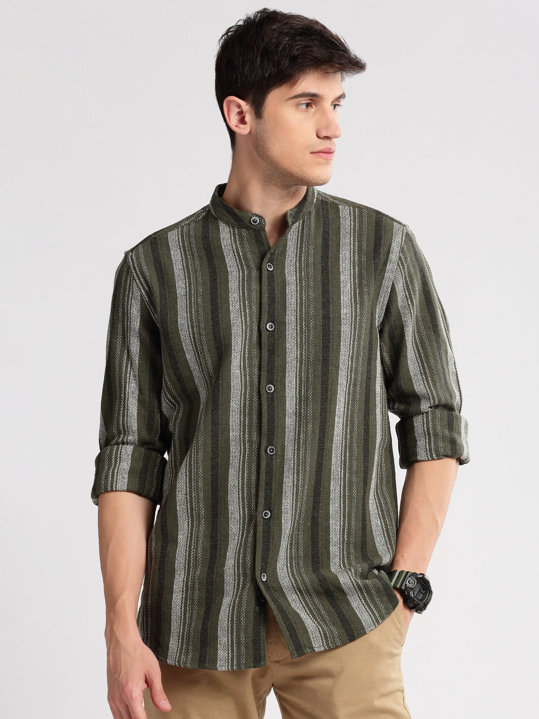 Men Mandarin Collar Vertical Stripes Olive Casual Shirt