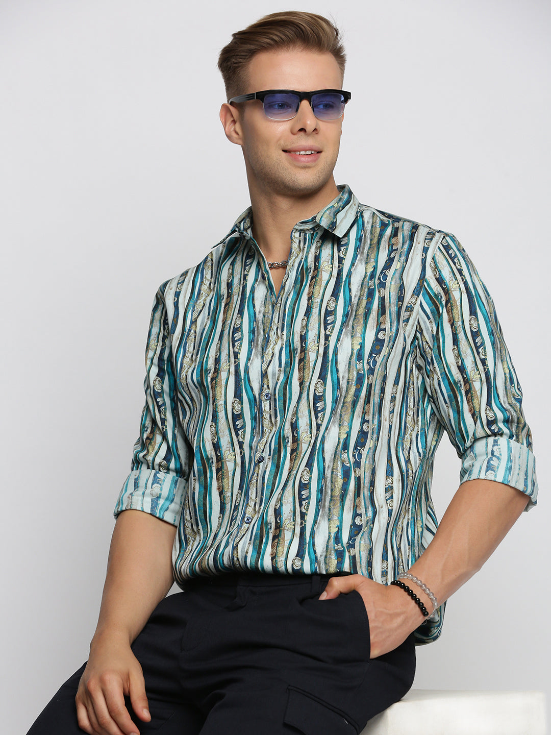 Men Blue Spread Collar Multi Stripes Shirt