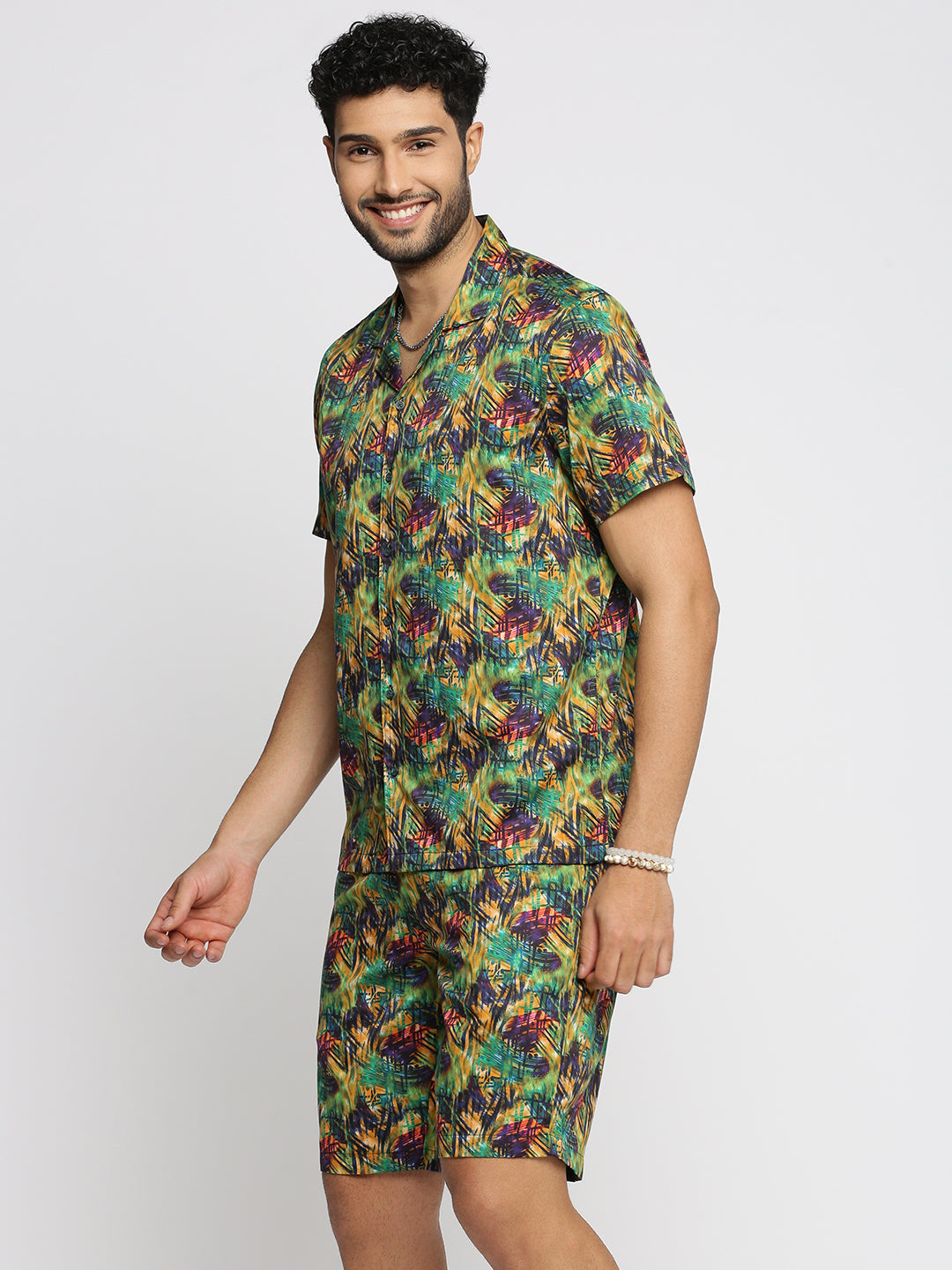 Men Green Cuban Collar Printed Over Sized Co-ords Set