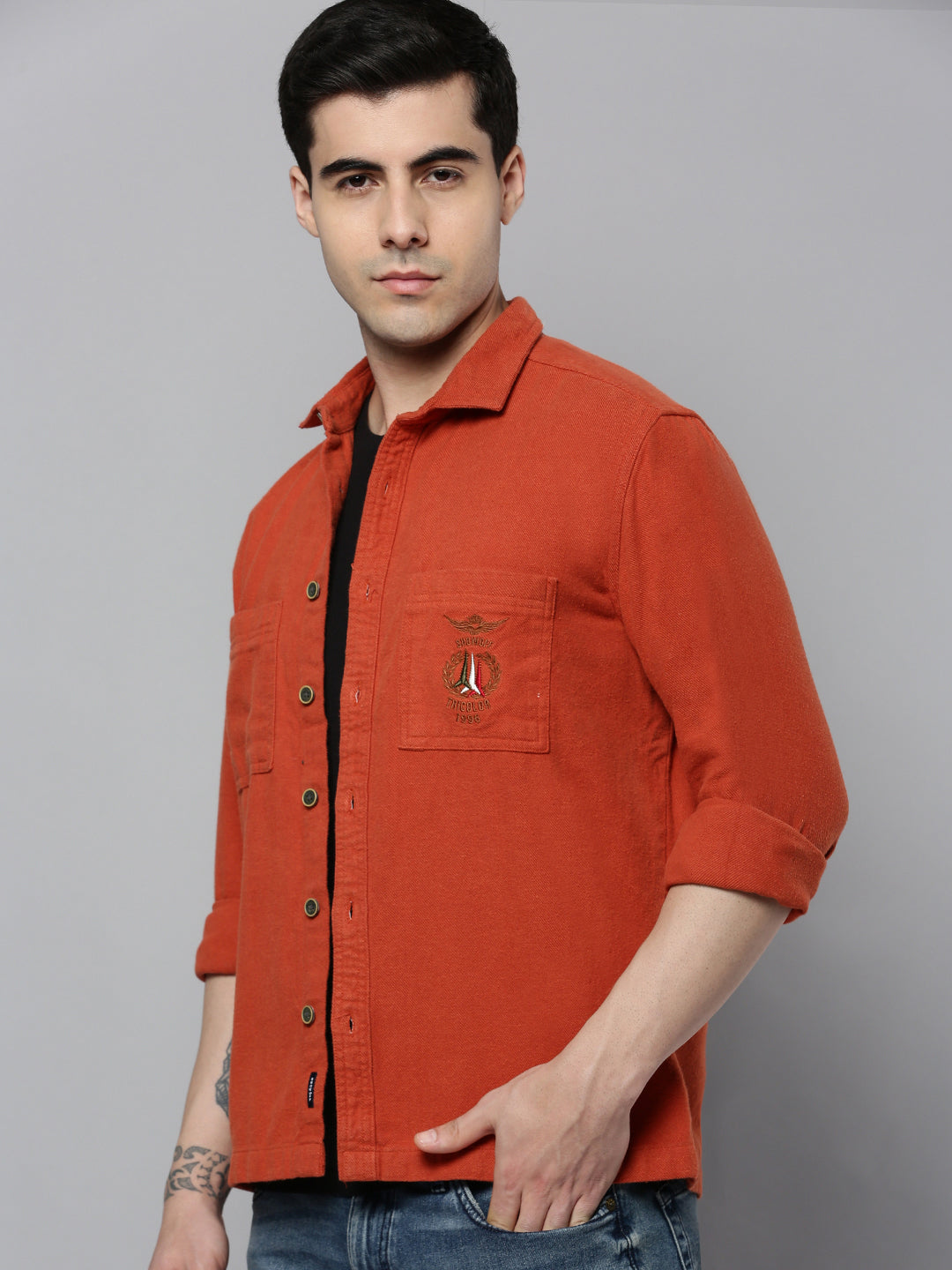 Men Orange Solid Casual Shirt