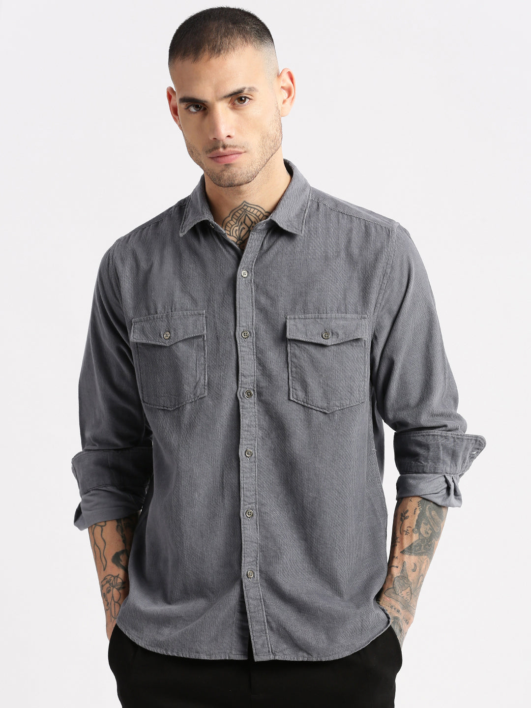 Men Spread Collar Corduroy Solid Grey Casual Shirt