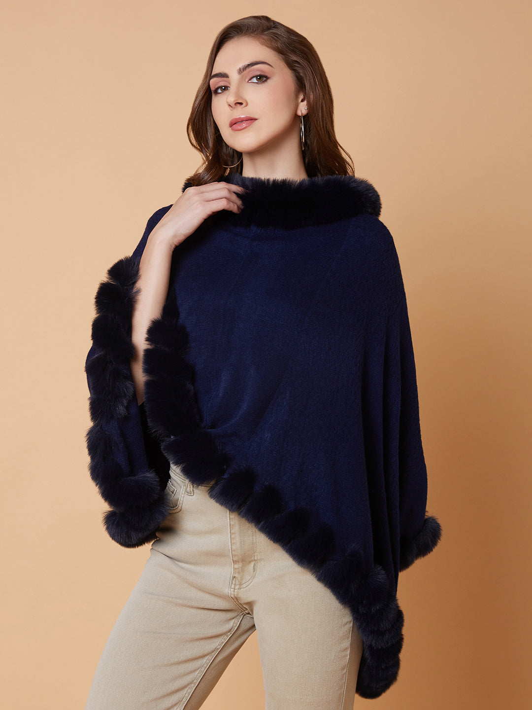 Women Solid Navy Blue Poncho