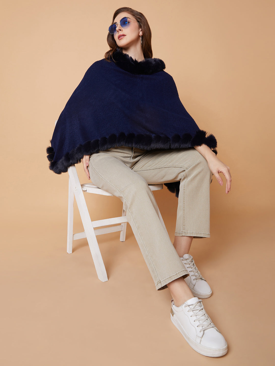 Women Solid Navy Blue Poncho