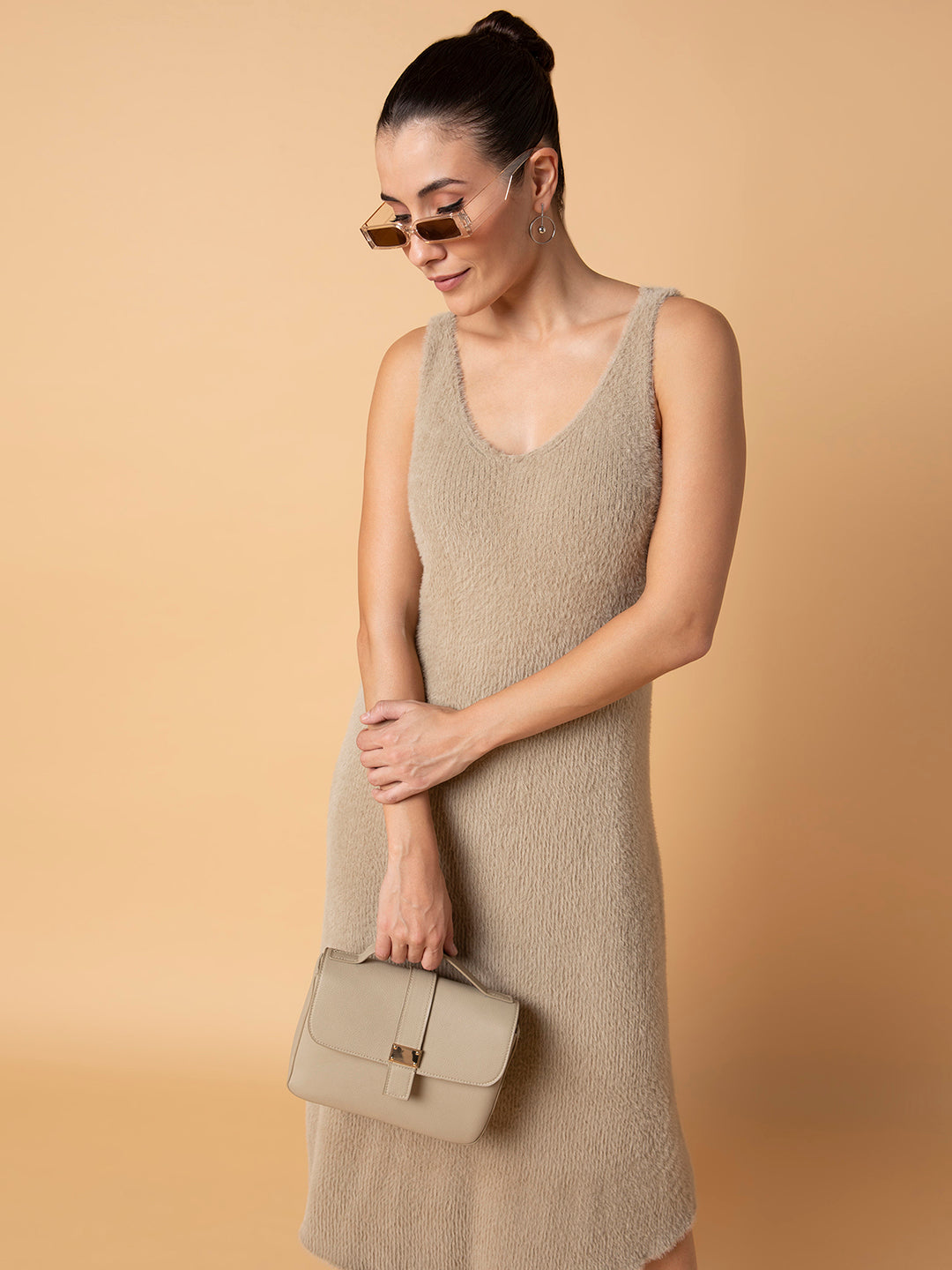 Women Solid Beige Midi A-Line Dress