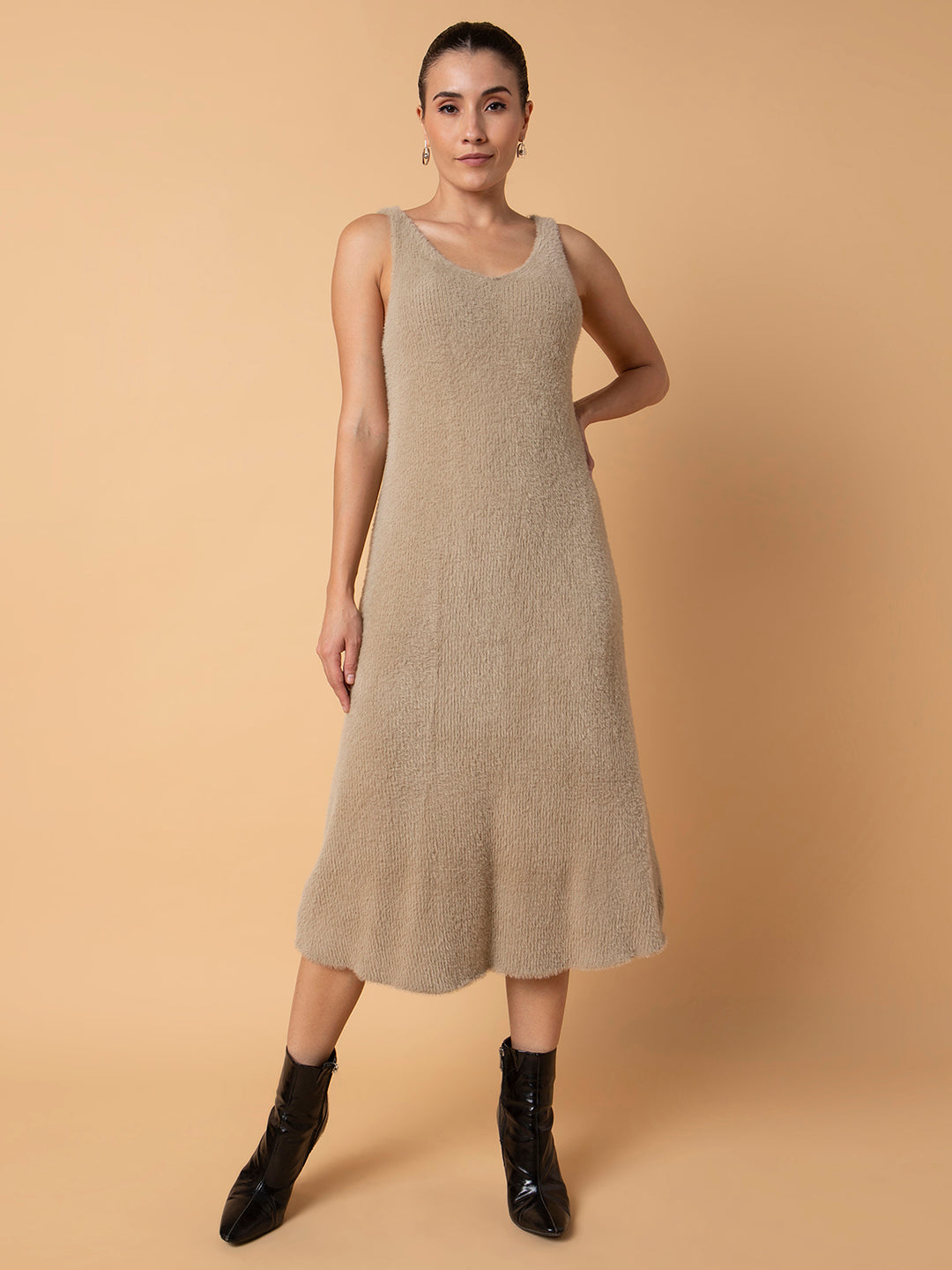 Women Solid Beige Midi A-Line Dress