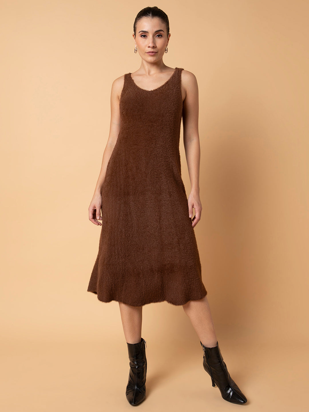 Women Solid Brown Midi A-Line Dress