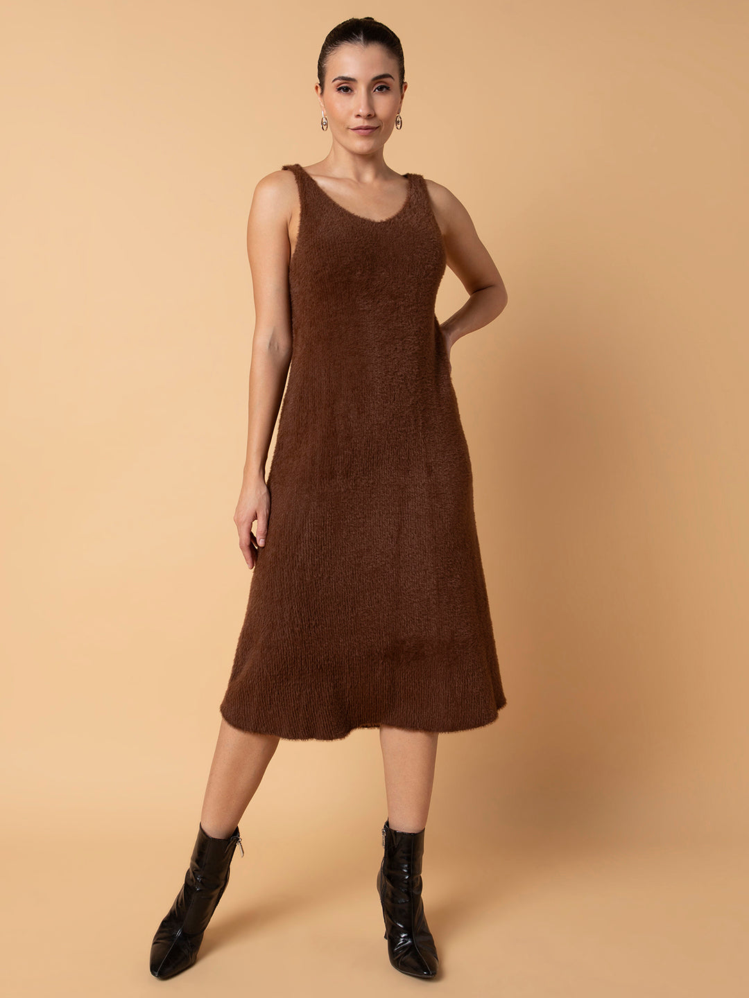 Women Solid Brown Midi A-Line Dress
