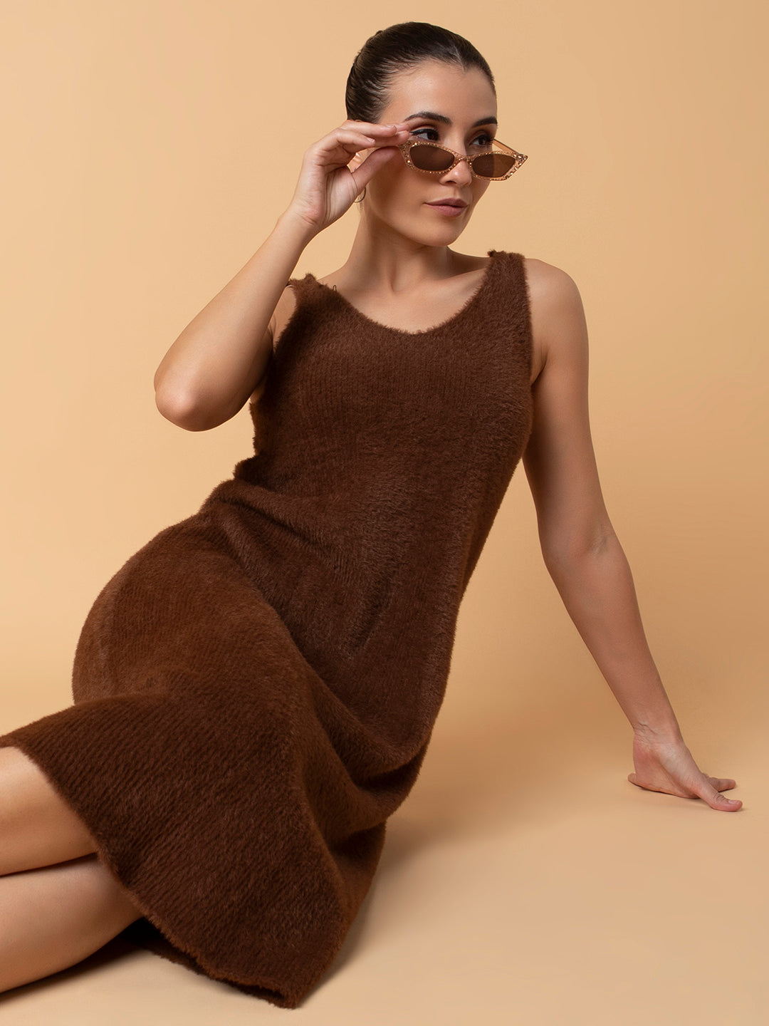 Women Solid Brown Midi A-Line Dress