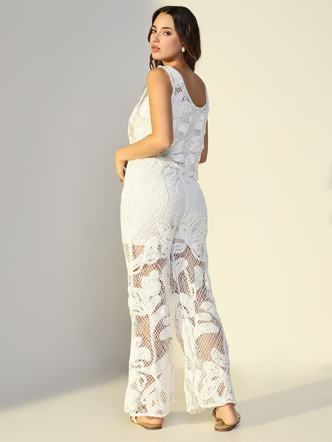 Women White Embroidered Crochet Co Ords Set