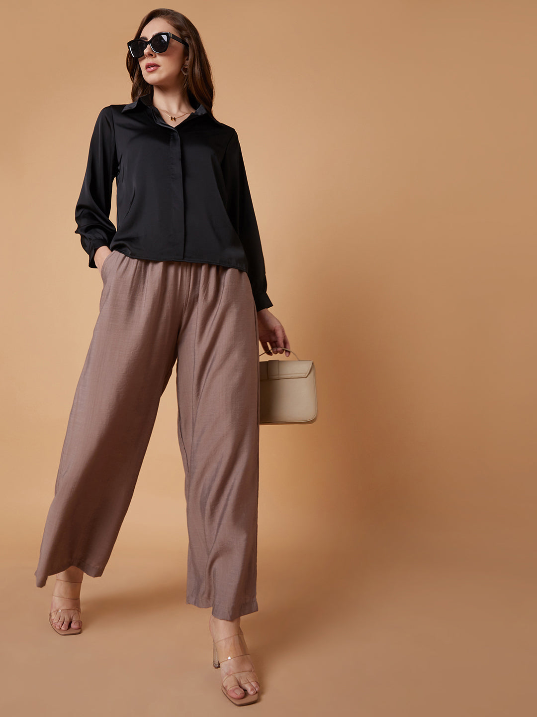 Women Solid Brown Pleated Loose Fit Trouser
