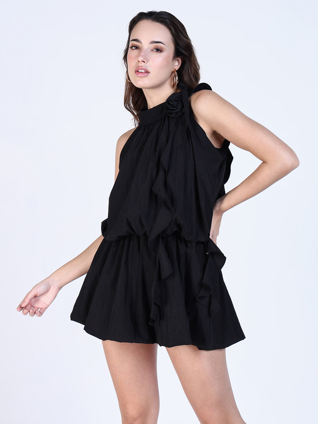 Women Black Solid Baloon Dress