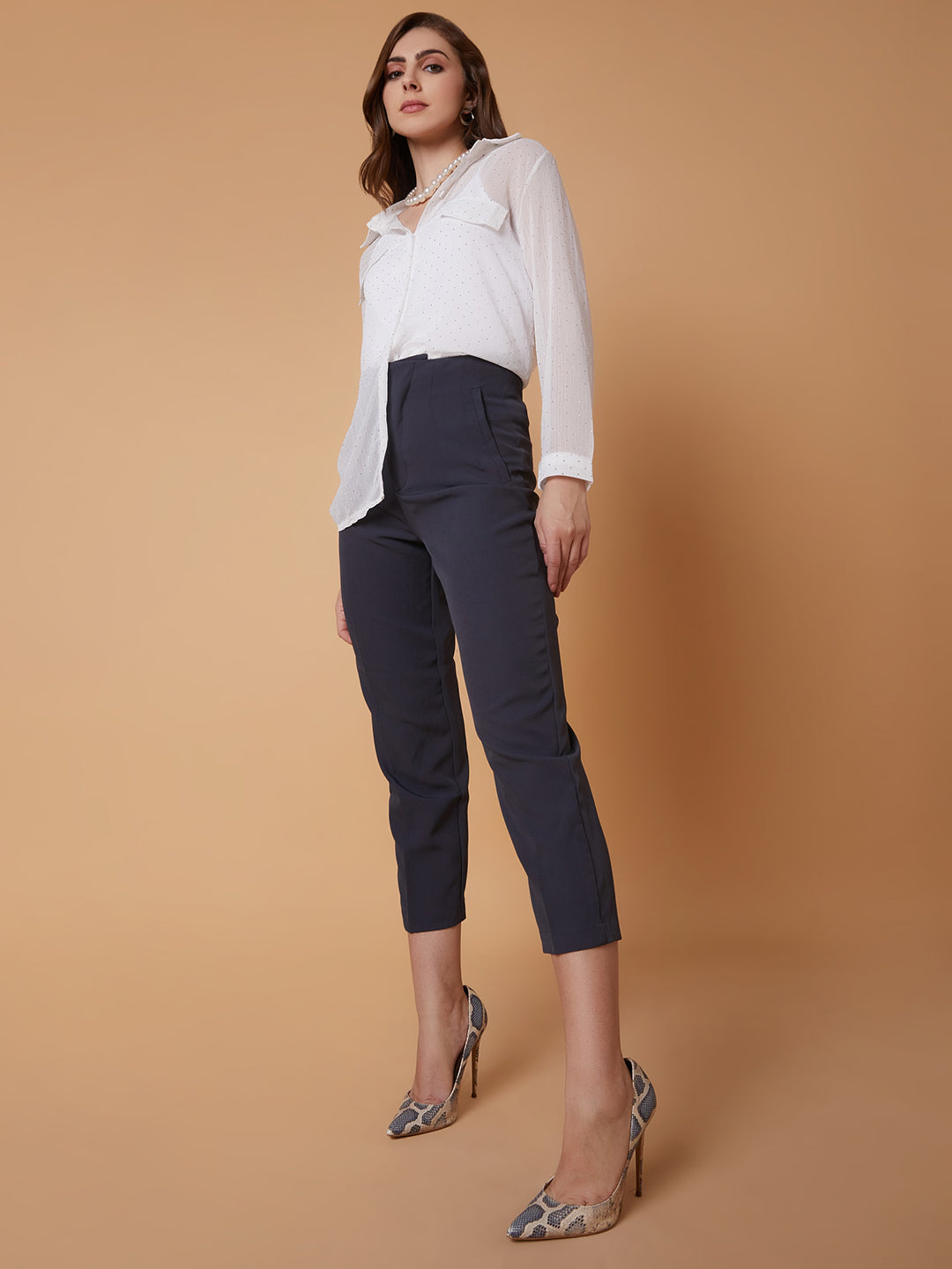Women Pleated Solid Charcoal Formal Trousers