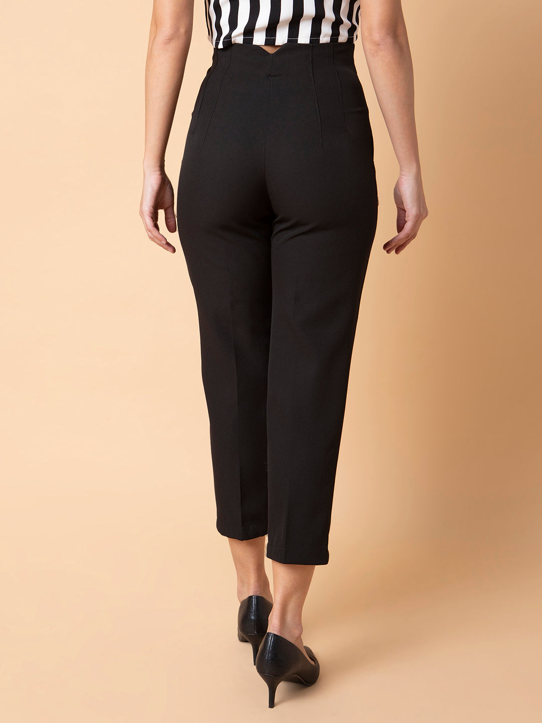Women Pleated Solid Black Formal Trousers