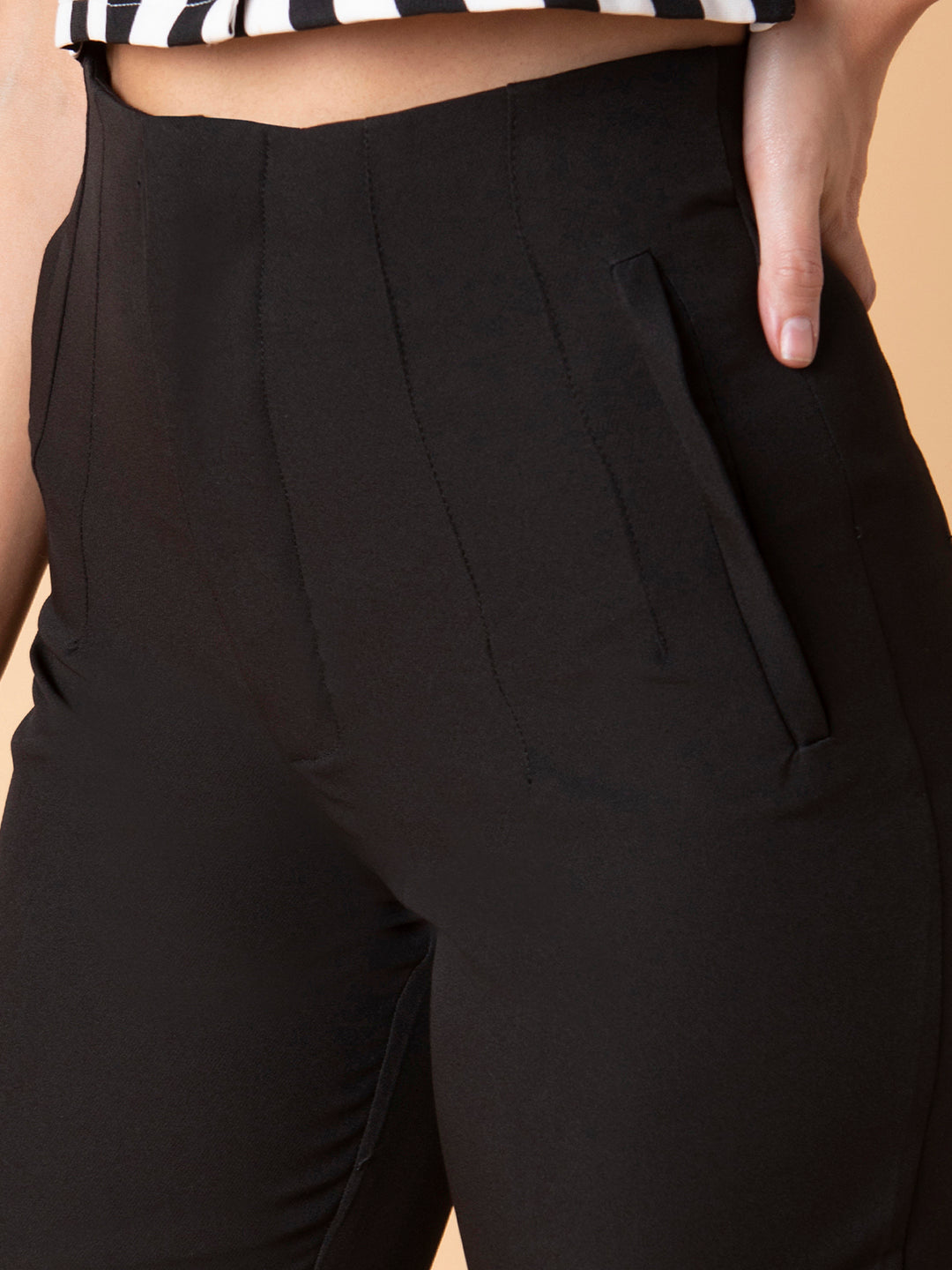 Women Pleated Solid Black Formal Trousers