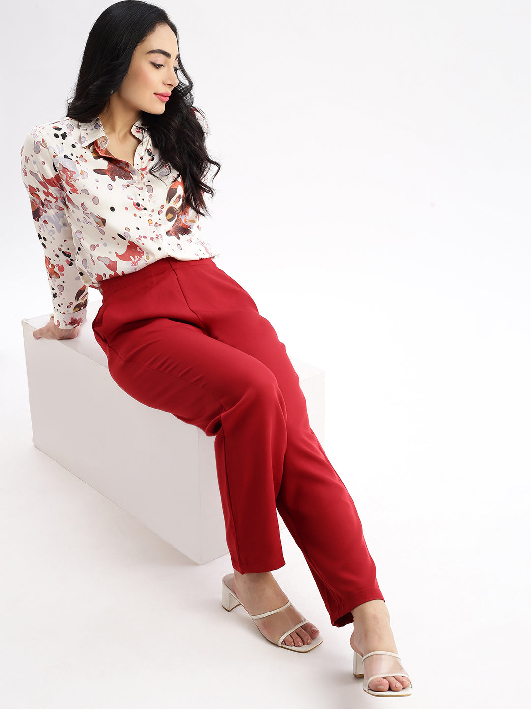 Women Flat Front Solid Maroon Formal Trousers