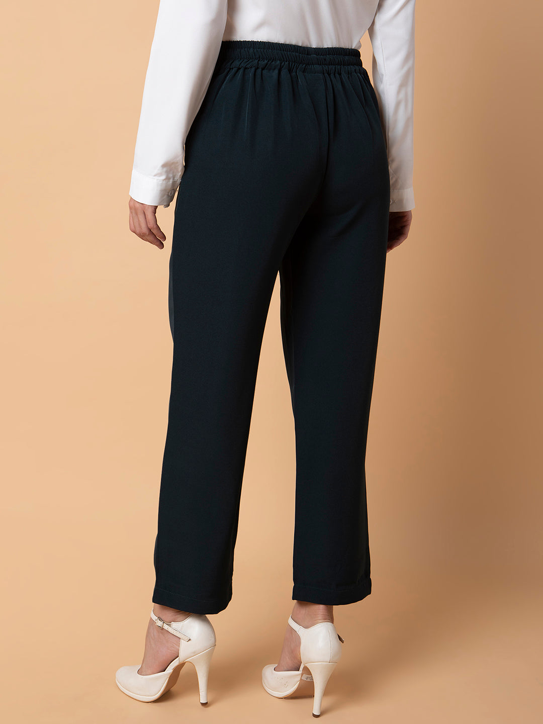 Women Flat Front Solid Green Formal Trousers