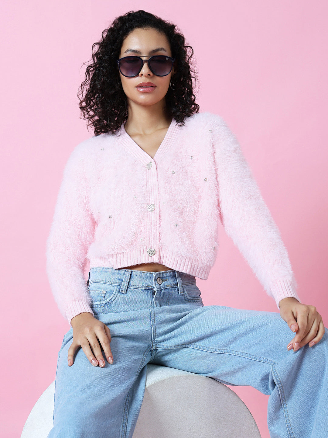 Women Solid Pink Crop Cardigan