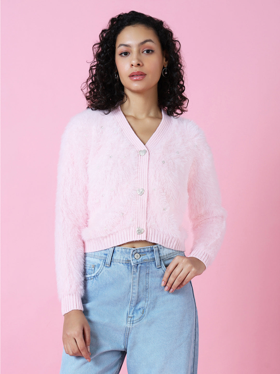 Women Solid Pink Crop Cardigan