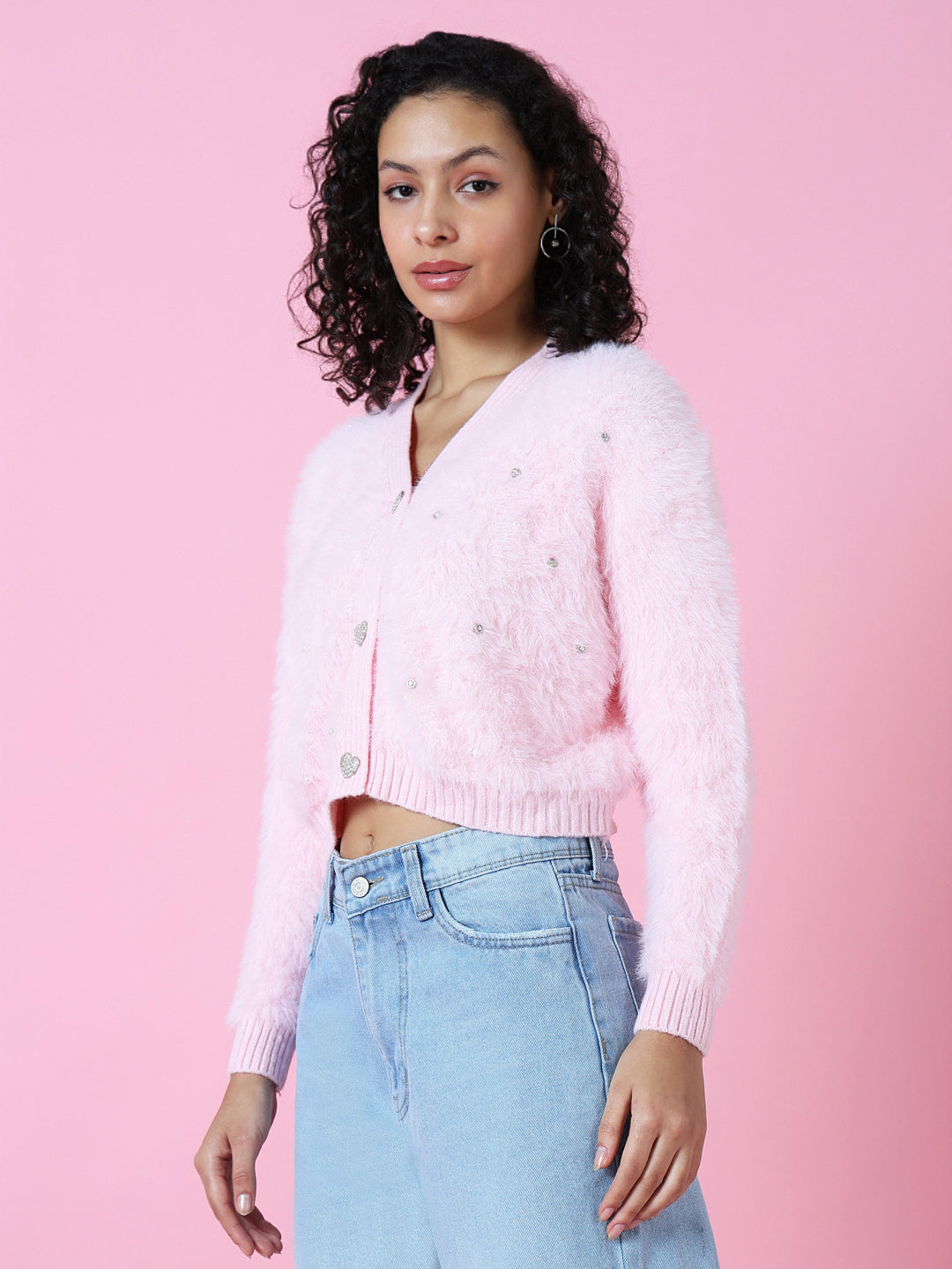 Women Solid Pink Crop Cardigan