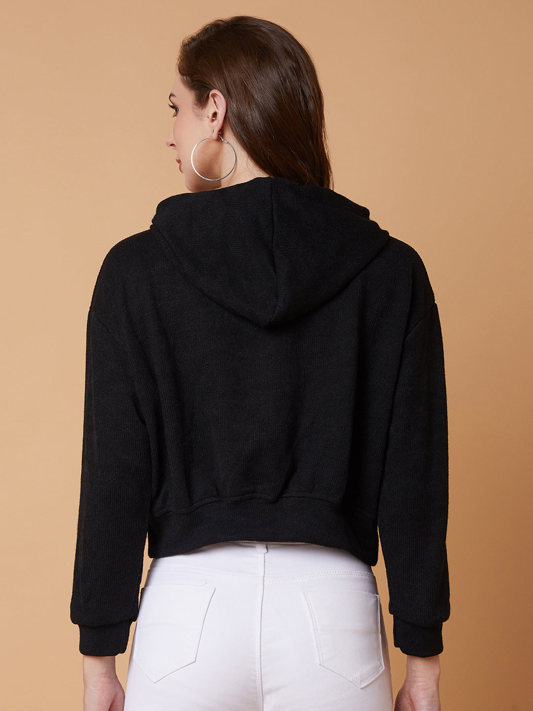 Women Solid Black Hooded Sweatshirt