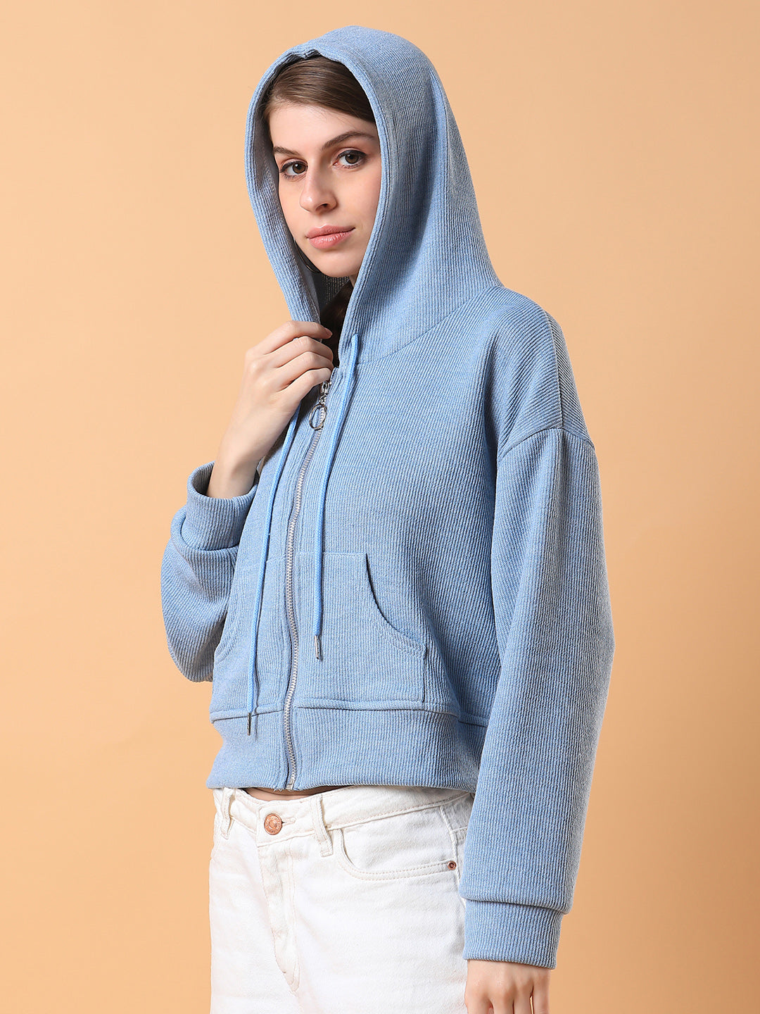 Women Solid Blue Hooded Sweatshirt