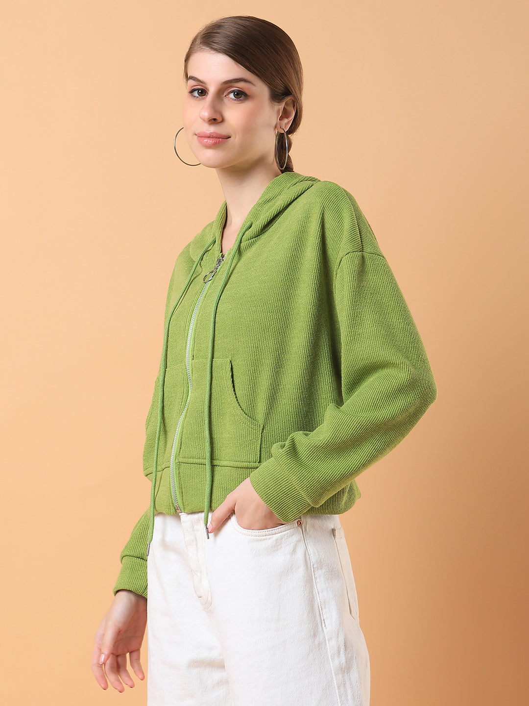 Women Solid Green Hooded Sweatshirt