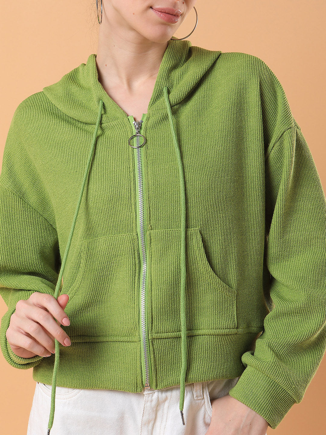 Women Solid Green Hooded Sweatshirt