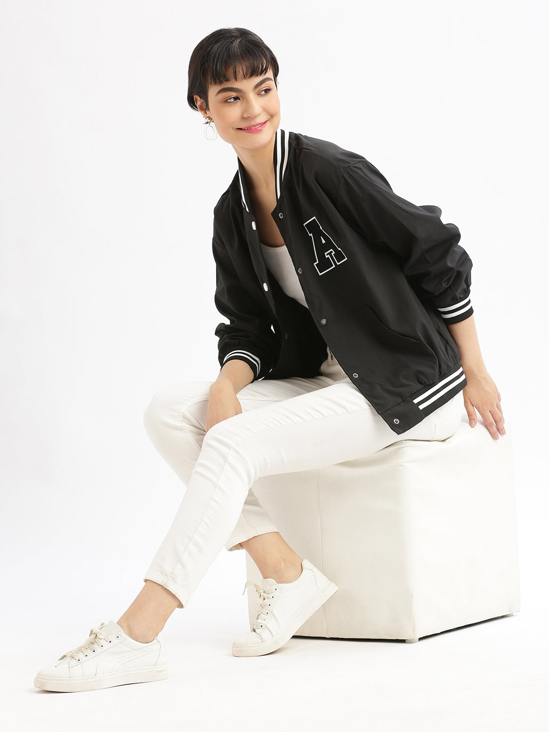 Women Oversized Black Varsity Jacket