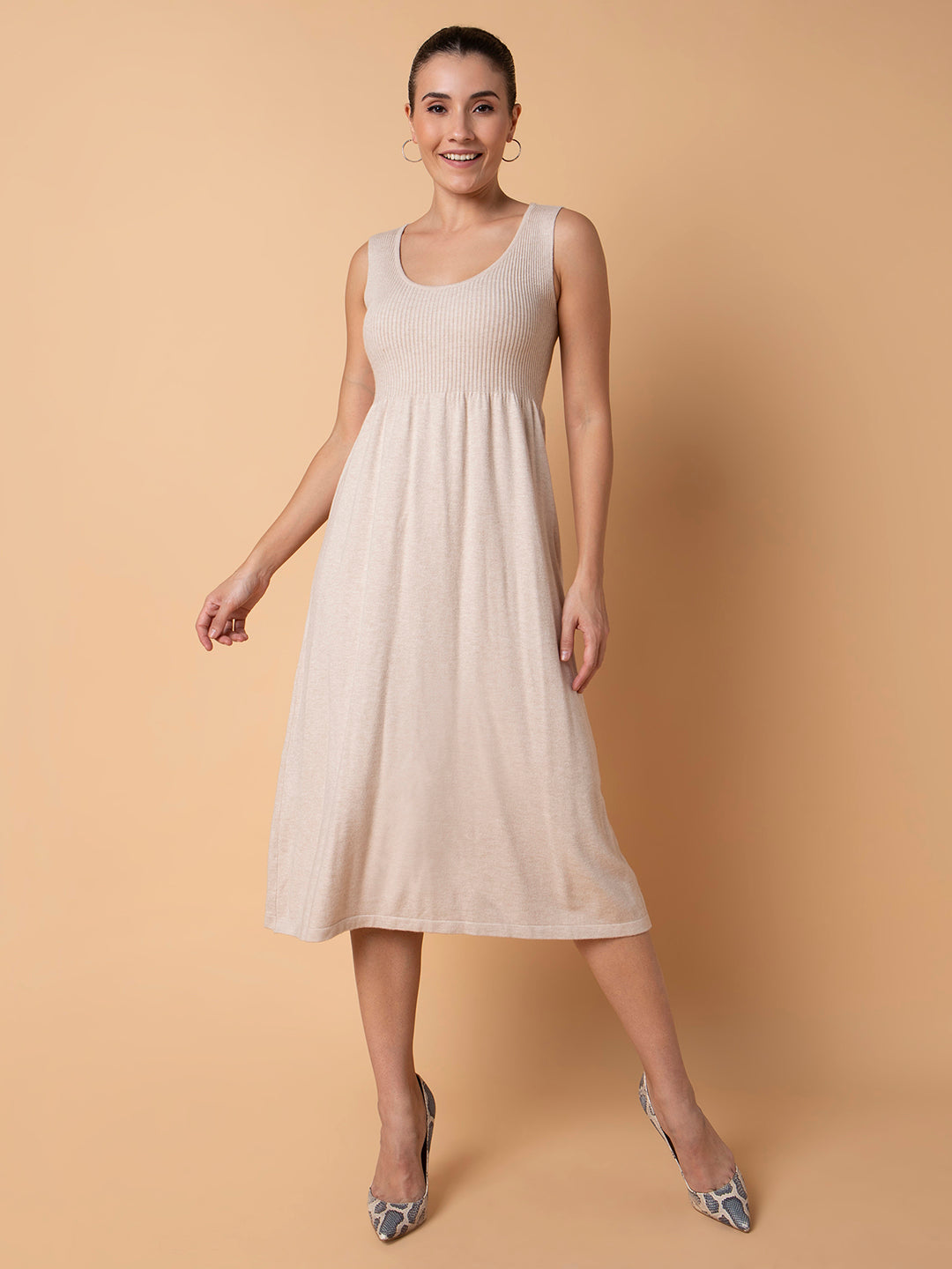 Women Solid Beige Midi Fit and Flare Dress
