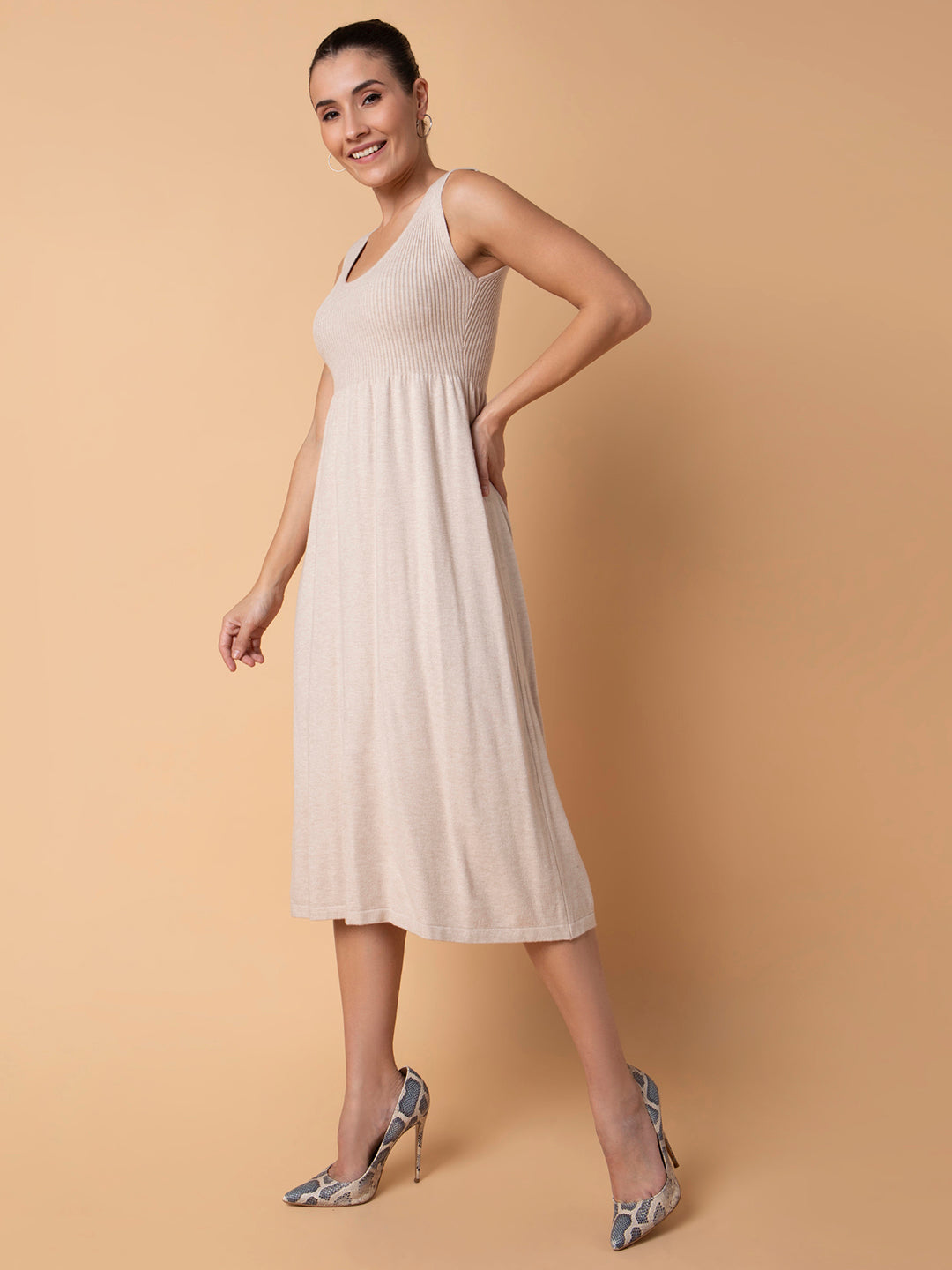 Women Solid Beige Midi Fit and Flare Dress